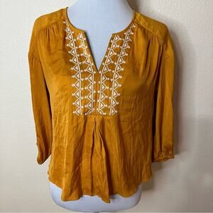 Dolan | Anthropologie Alvia mustard yellow embroidered satin blouse XS